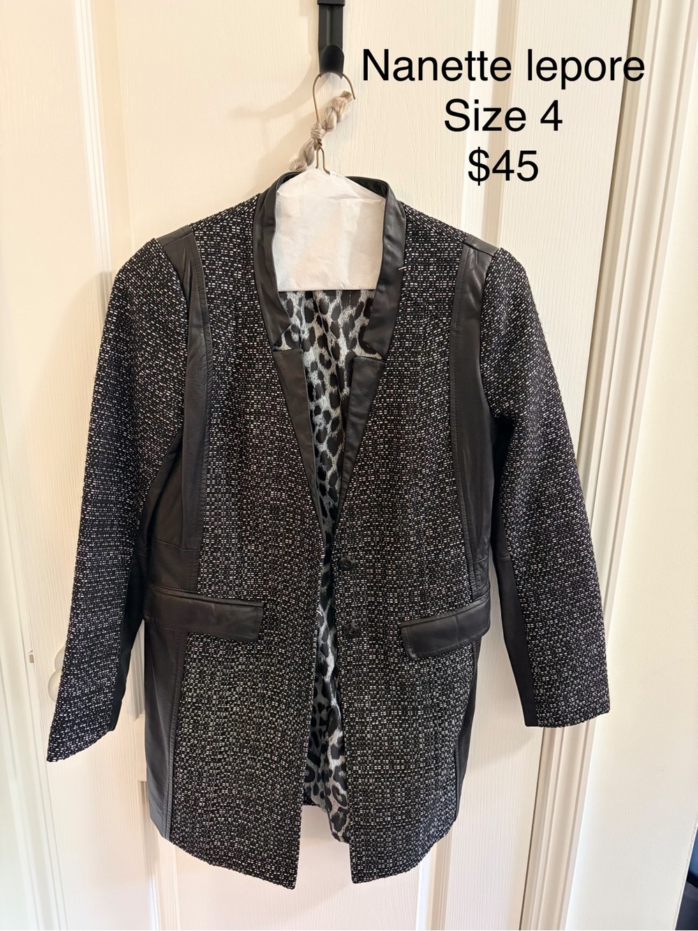 Nanette Lepore Black & Gray Tweed Blazer with Faux Leather Trim